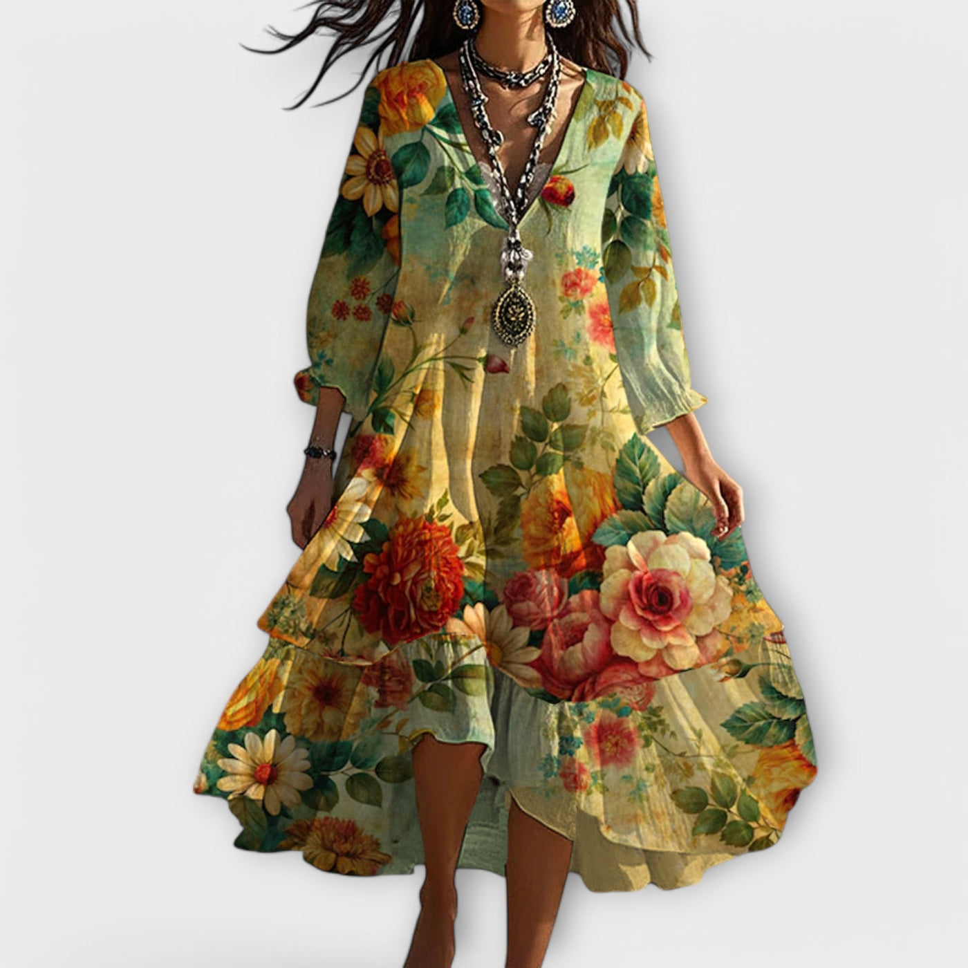 Marina – Robe vintage bohème à imprimé fleuri et col en V